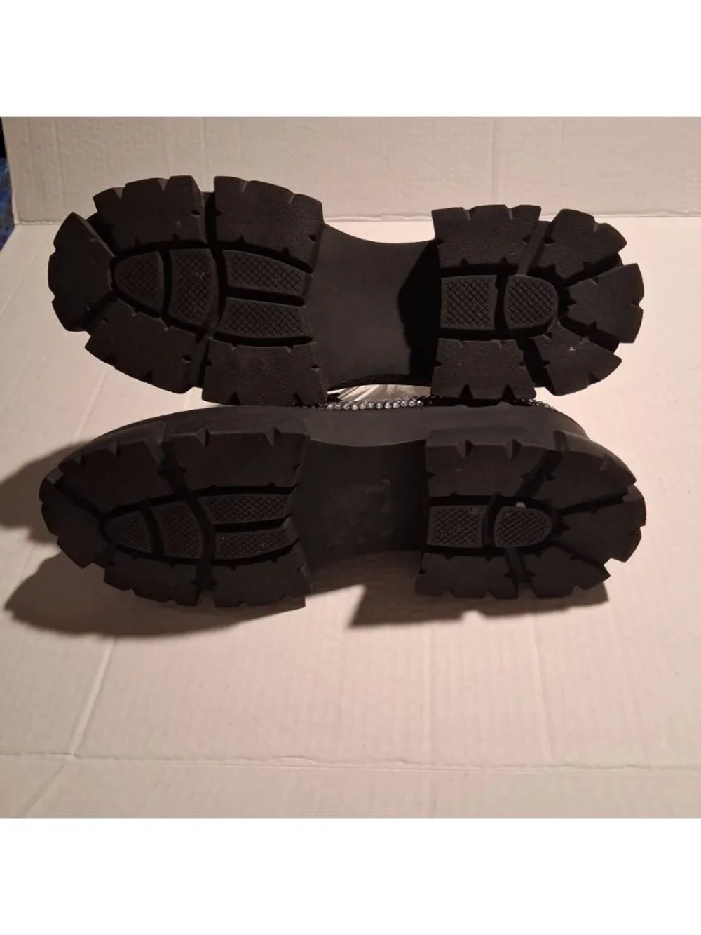 Rhinestone-Embellished Chunky Black Loafers w/ Lug Sole Strap - Women-SIZE: 10